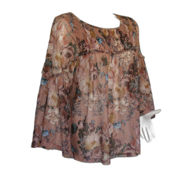 ANTHRO Akemi * Kin Top, L, Smocked, long Sleeve, Wide Neck, Floral, Pink… - Picture 2 of 14